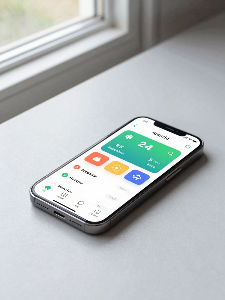 A high-fidelity Android smartphone mockup lying on a clean slate gray desk, displaying a vibrant and intuitive health tracking application interface, bright natural daylight from a side window, shallow depth of field.