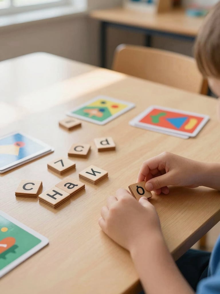 Close overhead shot of a child's hands arranging small wooden tiles and painted cards on a light birch table, natural window light raking across the surface from the upper left, shallow depth of field keeping the materials sharp and the background classroom softly present
