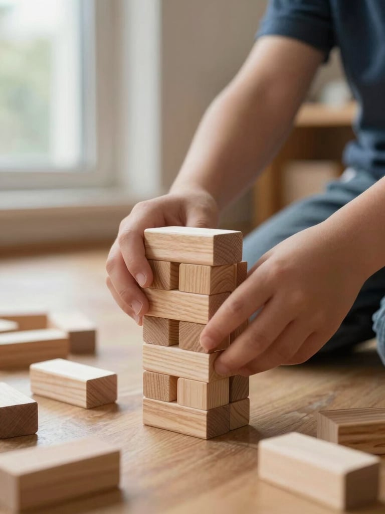 Close-up documentary shot of a child's hands carefully stacking wooden unit blocks on a classroom floor, natural window light from the left, the surrounding floor showing scattered materials mid-use, shallow focus on the hands and top block