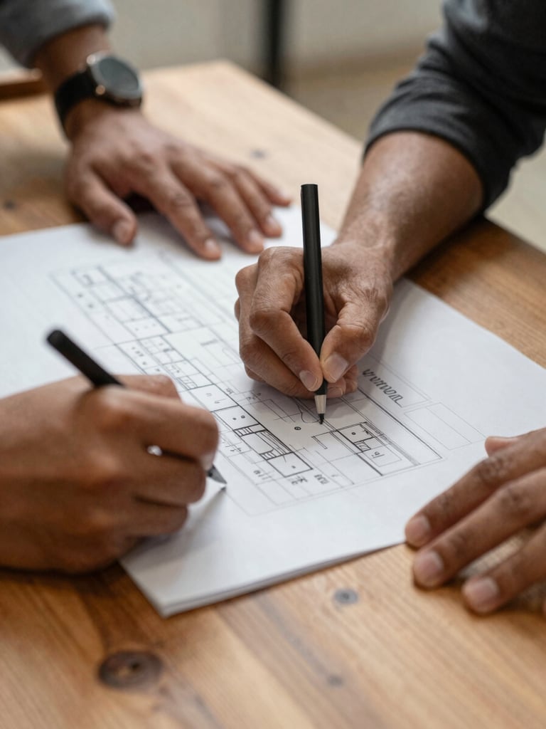 Close-up of hands planning a community project on a wooden table, drawing blueprints, natural diffused lighting, rich earthy tones.