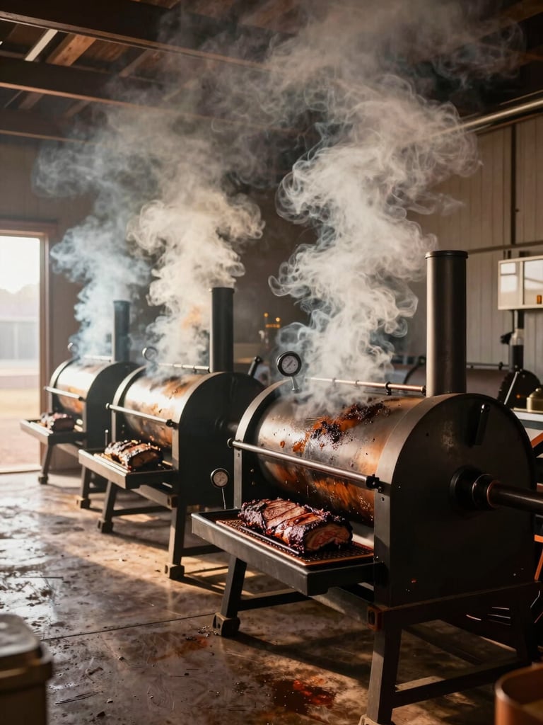 Wide interior shot of a commercial smokehouse with multiple large offset smokers running simultaneously, heavy white smoke rising to the ceiling, a pit master checking a thermometer probe in a brisket, warm amber morning light through a side door