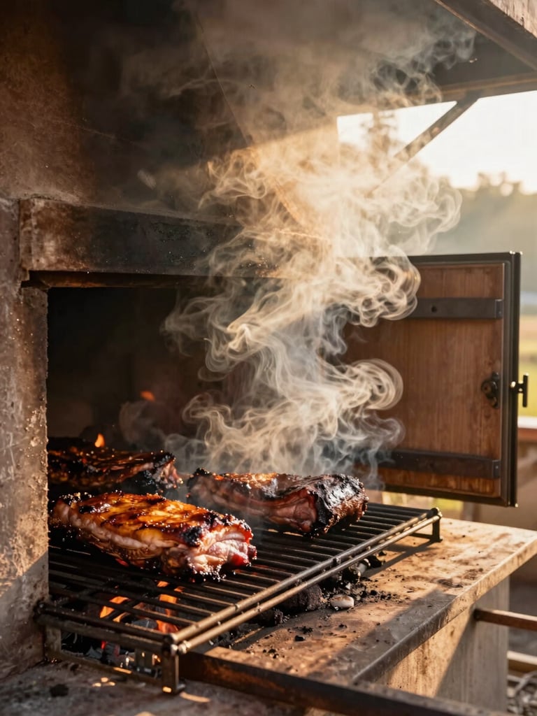 Wide smokehouse interior at golden morning light, thick oak smoke pouring from an open pit door to the right, whole briskets resting on iron grates, warm amber tones, no people visible