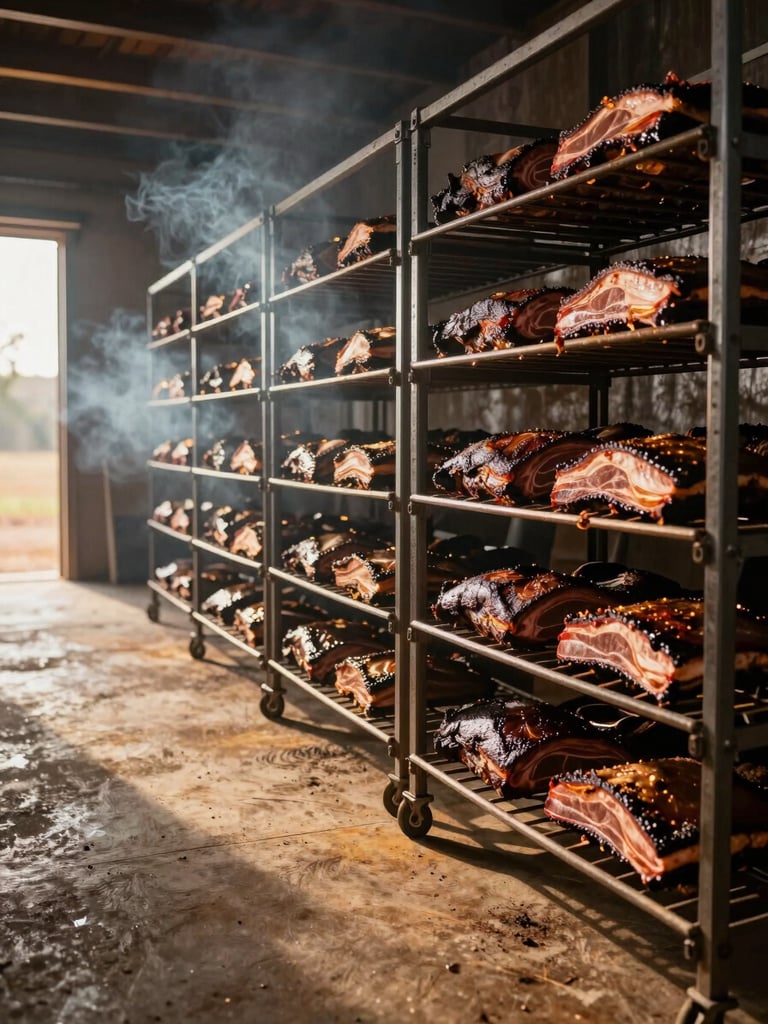 Wide environmental shot inside a large smokehouse bay, dozens of full brisket flats resting on wire racks under warm amber work-light, smoke curling toward open barn doors at left edge, golden-hour daylight cutting across the concrete floor — staging for a major catering event, no people visible, documentary framing