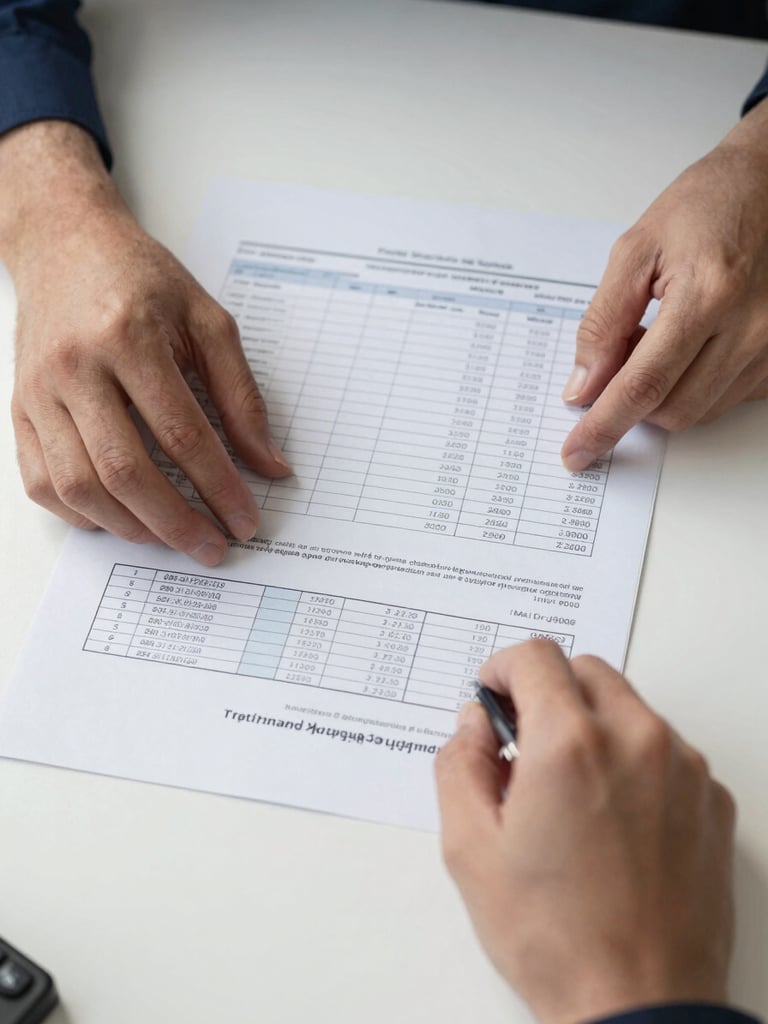 Close-up overhead flat-lay of accountant hands organizing printed compliance documents and a spreadsheet on a clean white desk, soft diffused daylight, no faces visible, emphasis on order and legal precision