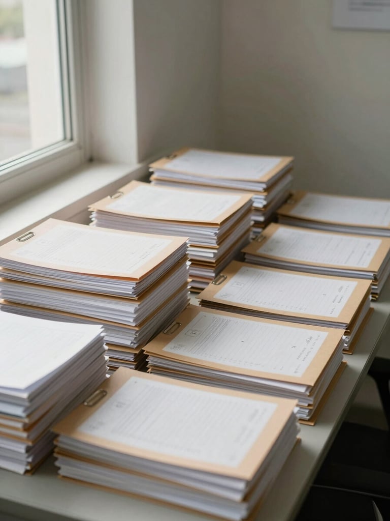 Wide environmental shot of an organized accounting office, stacks of labeled document folders aligned on a desk under soft neutral daylight from a window to the left, no people visible, clean and orderly composition
