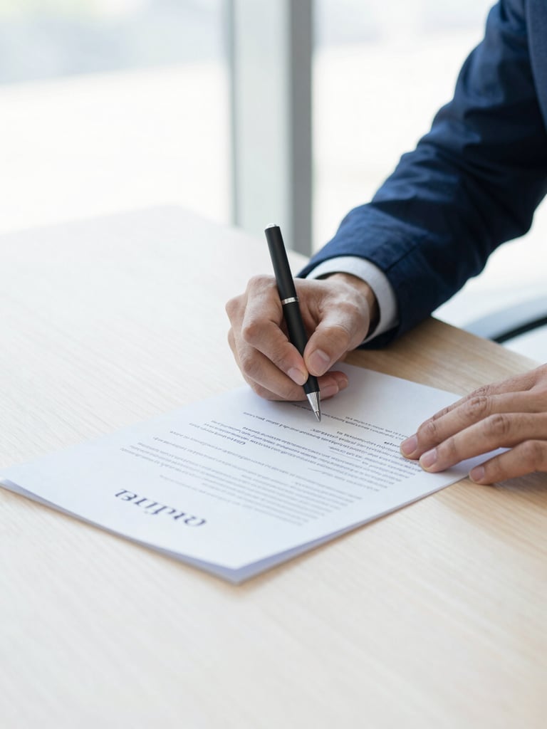 Close-up of professional hands signing official legal documents on a clean wooden desk, bright corporate daylight, sharp focus, cool tones.