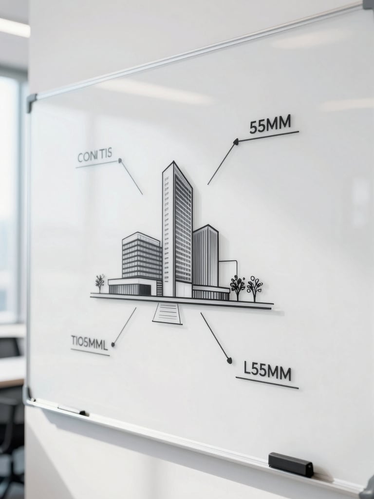 Abstract architectural tech diagram on a clean white whiteboard, sharp focus, bright daylight, professional corporate setting
