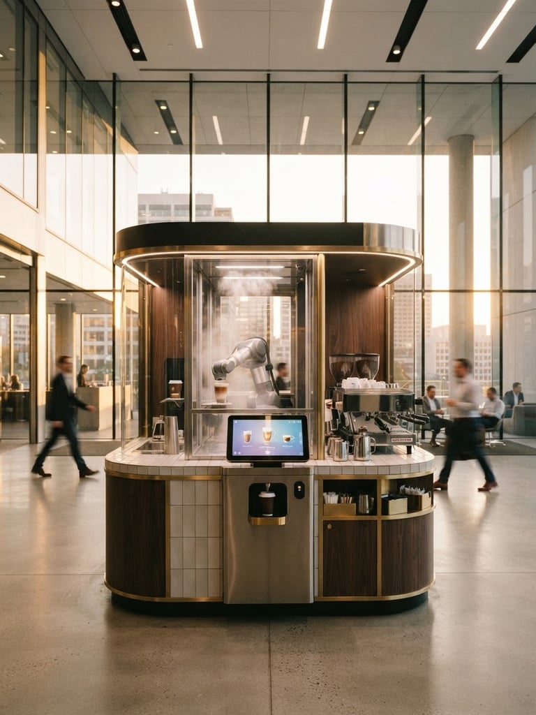 Straight-on architectural shot of a sleek automated coffee kiosk in a modern glass lobby, bright commercial lighting, warm golden-hour accents, 35mm