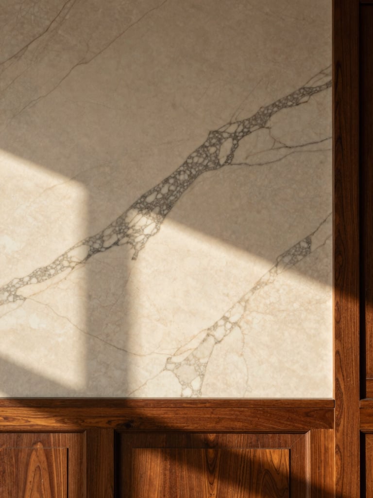 Close-up of luxury villa interior, book-matched marble wall meeting dark oak wood paneling, soft natural daylight casting subtle shadows, sharp focus, editorial architectural photography