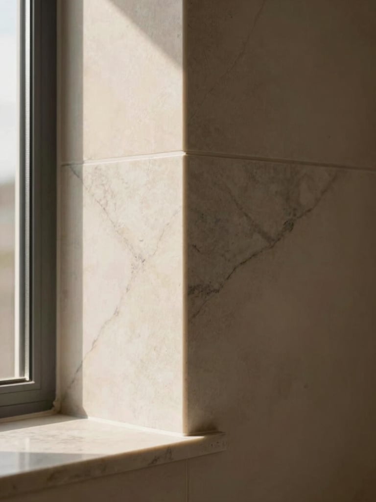 Architectural close-up of a premium minimalist marble joint, soft natural daylight streaming from a side window, warm sand and charcoal tones, sharp focus, 35mm lens