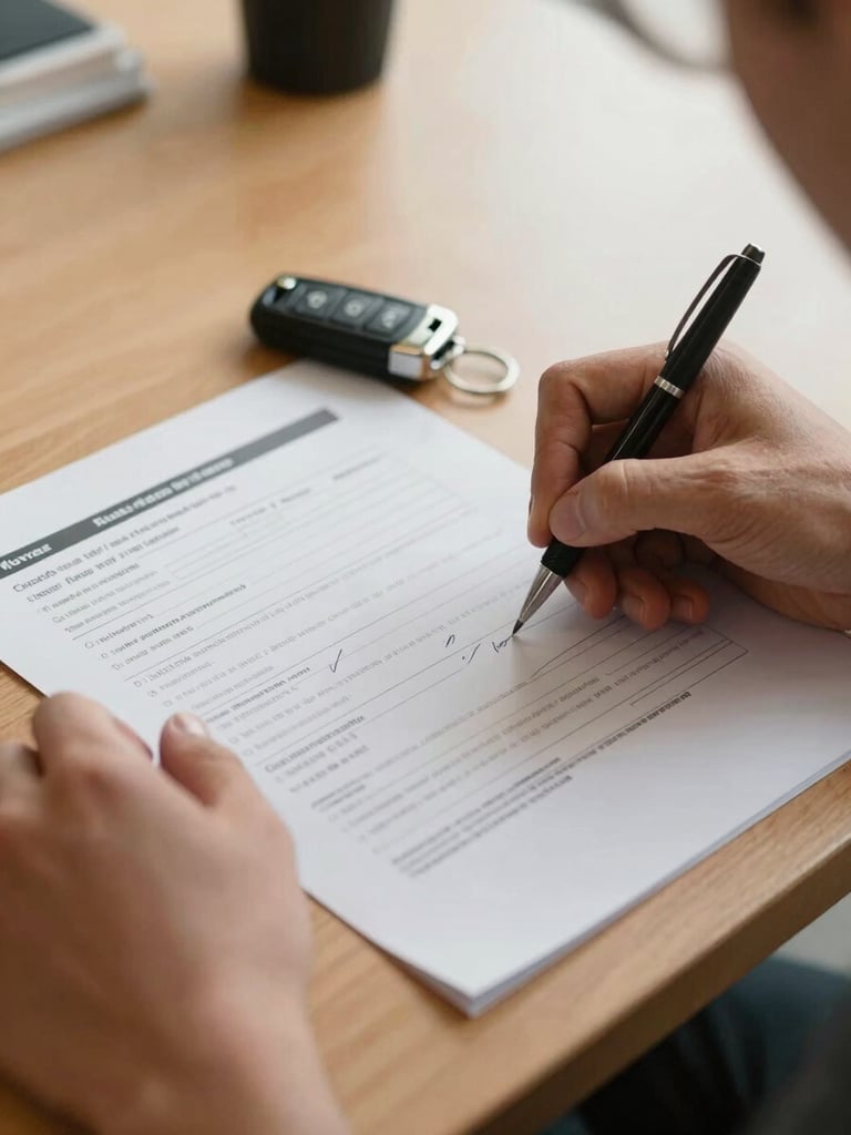 Close-up of hands reviewing vehicle documentation papers on a dealership desk under warm tungsten light, a car key fob resting beside the paperwork, pen in hand mid-signature, no faces visible