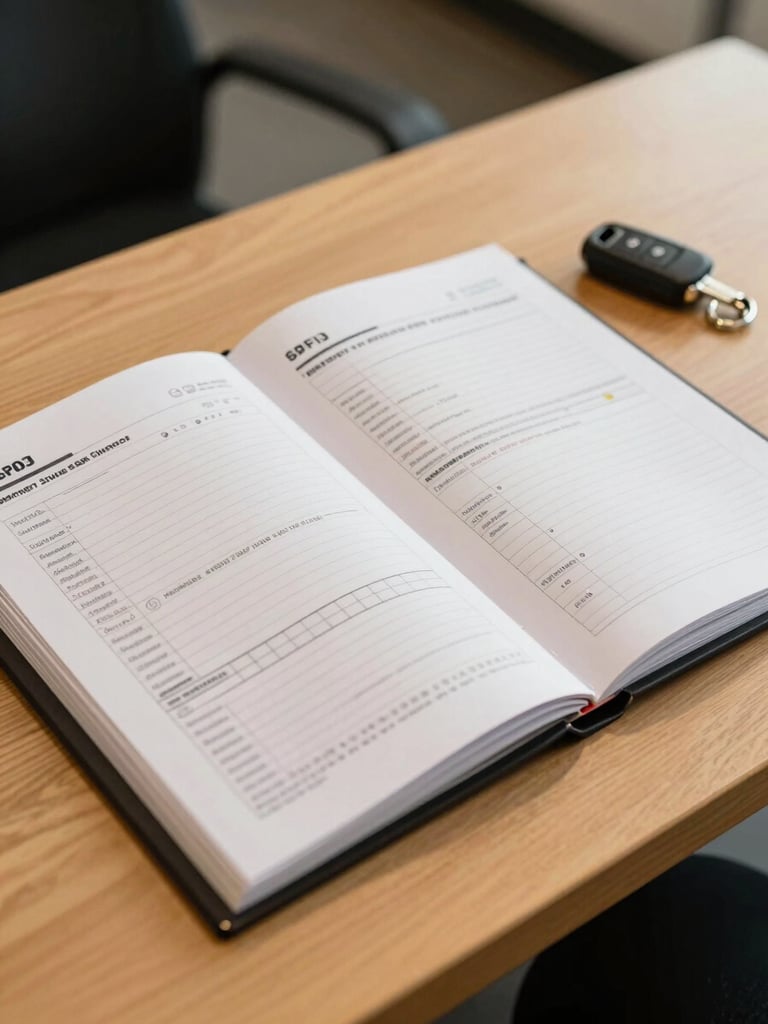 Close-up of a vehicle documentation folder open on a dealership desk under warm tungsten light, stamped service history pages visible, a car key resting beside the folder, no people in frame, sharp editorial focus