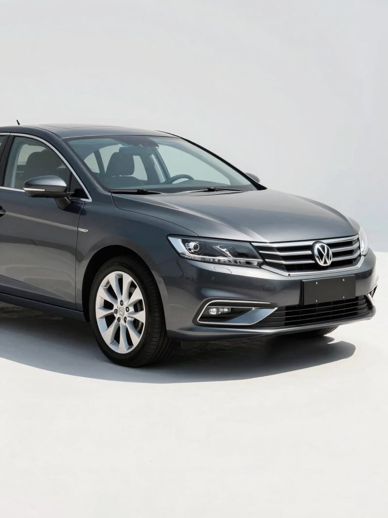 Three-quarter front view of a dark grey sedan on a clean white studio floor, crisp daylight from the left casting a sharp shadow, chrome trim and alloy wheels sharply resolved, right edge of the car kissing the frame boundary