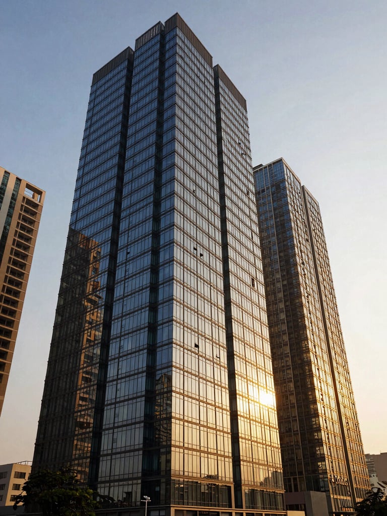 Wide-angle architectural shot of modern high-rise buildings in Navi Mumbai during sunset, golden hour light reflecting off glass facades, clean perspective