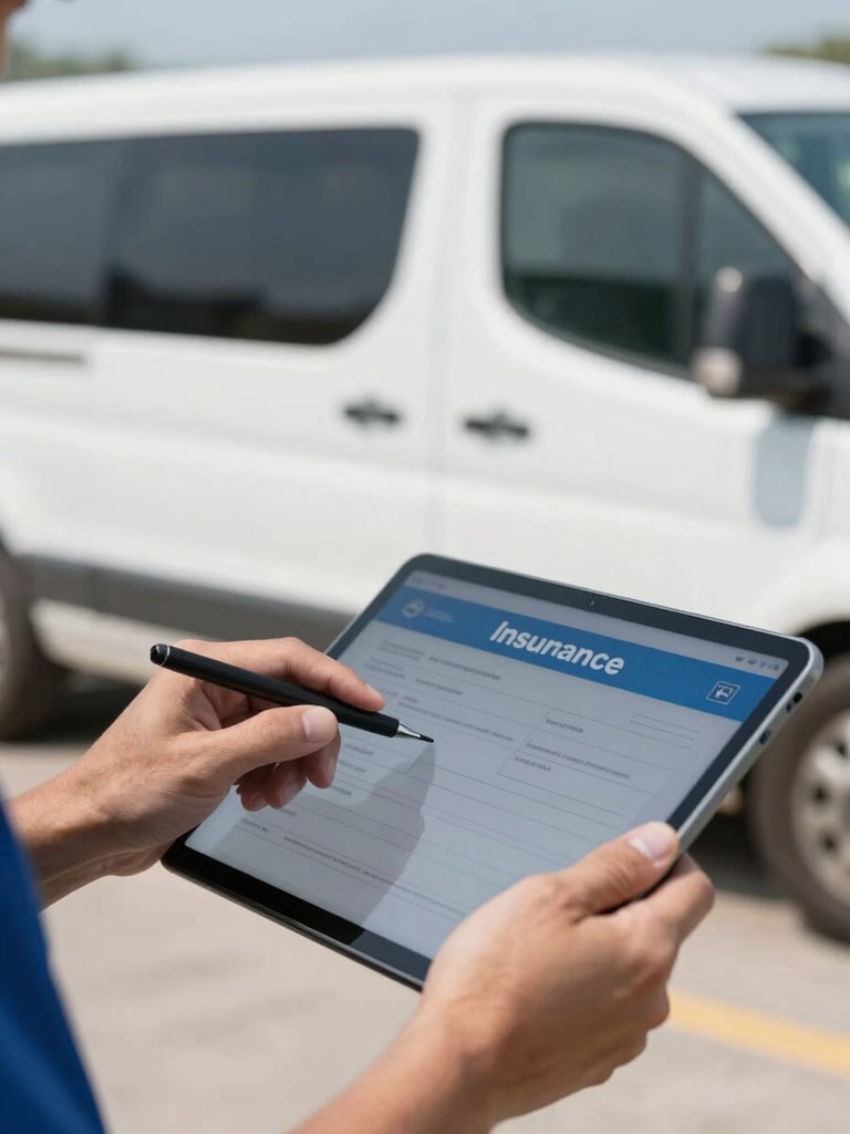 Close-up of a technician's hands using a digital tablet to process an insurance claim, with a clean mobile service vehicle in the soft-focus background under bright daylight.