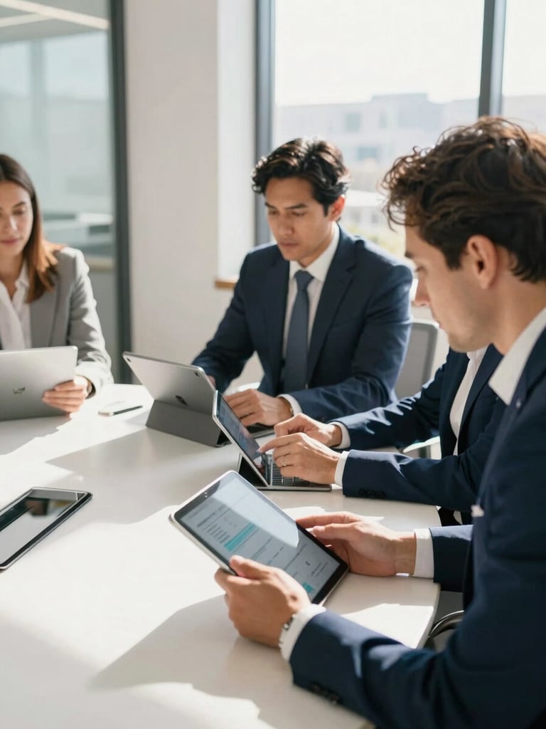 Bright, sunlit modern office environment in Jalisco, collaborative strategy session over clean tablet screens, professional, warm editorial photography