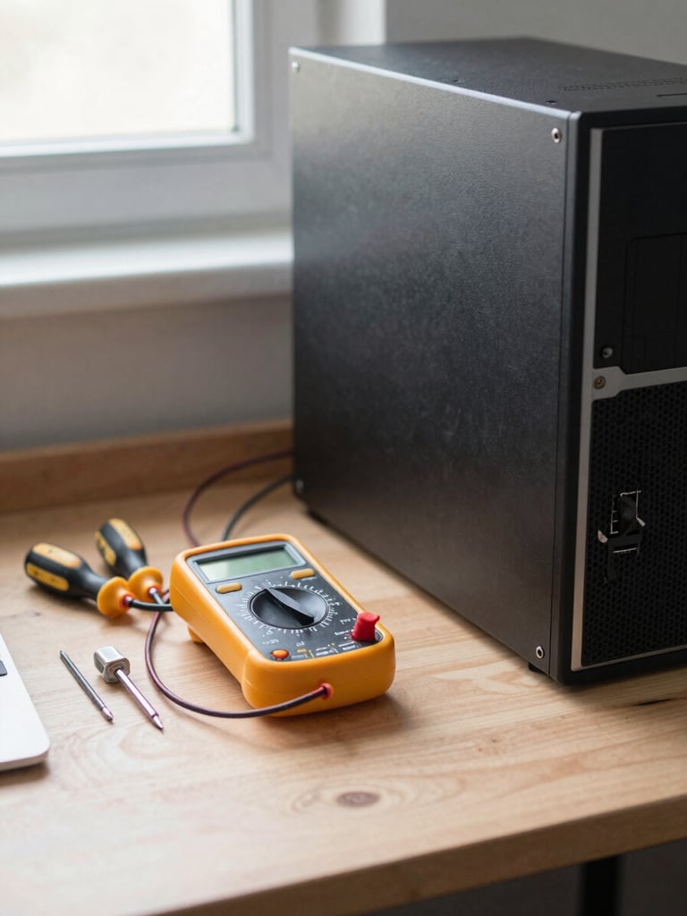 Close-up of a tidy repair workbench corner, a multimeter and small screwdrivers resting beside an open desktop tower, natural light from a nearby window, clean and functional, no people