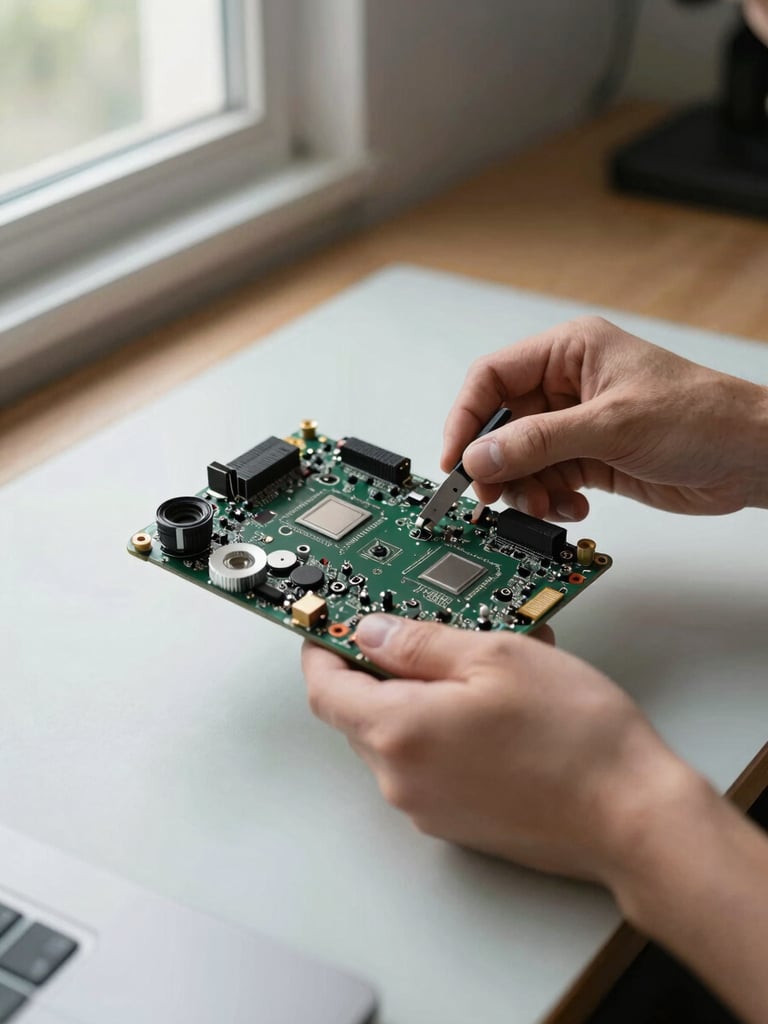 Hands of a technician holding a laptop motherboard over a light-colored work surface, small components visible, natural daylight from a side window casting soft even light, close and documentary in framing, no faces