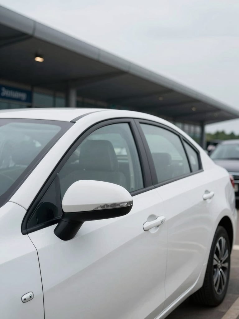 Driver-side angle of a spotless white sedan parked at the Kempegowda Airport arrivals curb in overcast daylight, driver door visible, terminal canopy in background, no people in frame