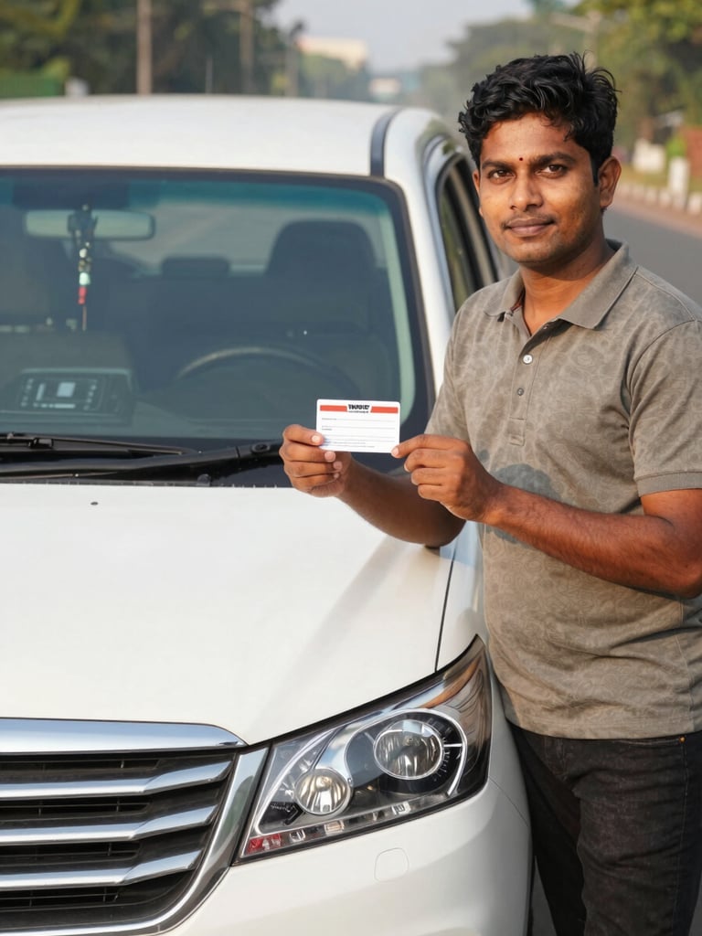 Environmental shot of a verified driver standing beside an Innova Crysta at a Bangalore road pickup point, holding a printed name-card, GPS unit visible on dashboard through the windshield, bright morning light, no direct camera eye contact