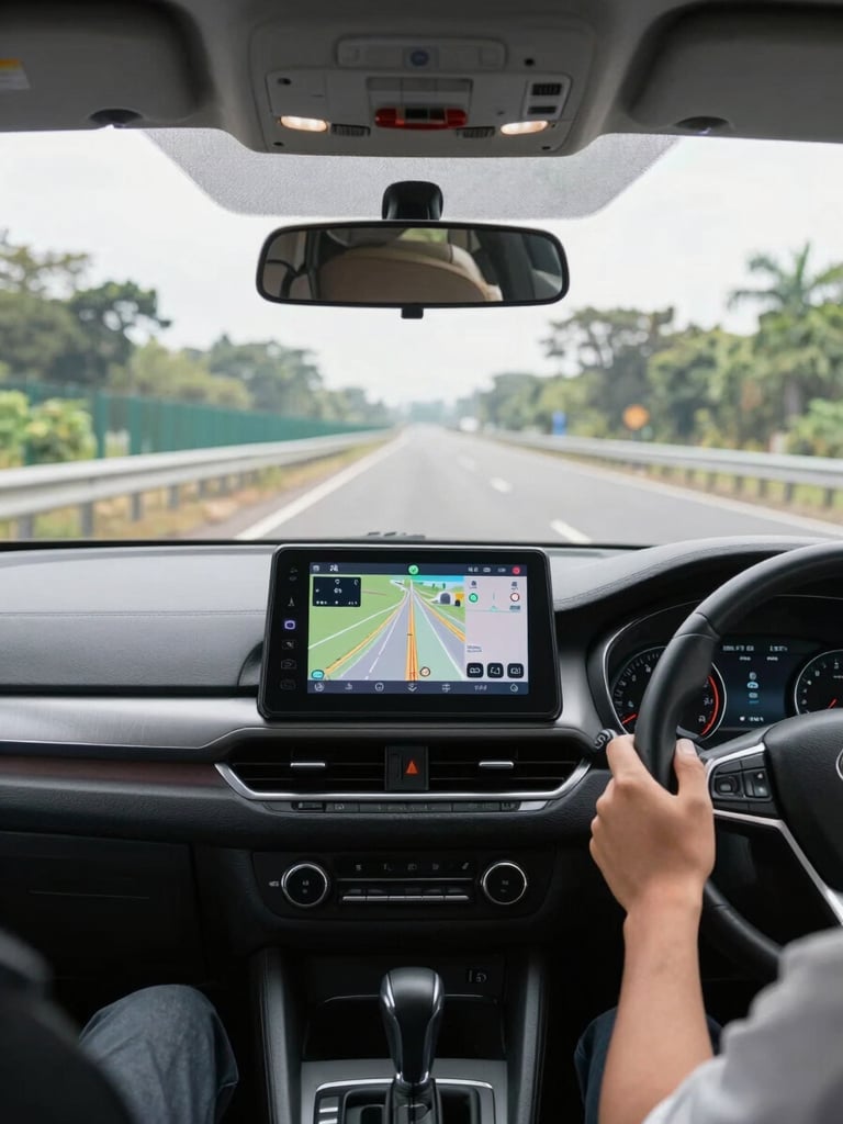Dashboard-to-road perspective inside a clean sedan cab on a Bangalore highway, GPS navigation screen mounted on dash showing route, steering wheel and driver hands visible, bright overcast daylight through windshield