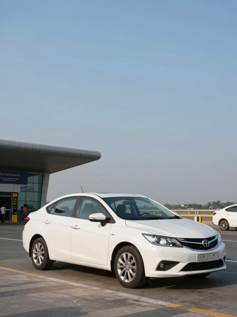 Wide environmental shot of a clean white sedan parked at Kempegowda International Airport pickup curb, three-quarter front angle, morning daylight, terminal entrance visible in background left, generous open sky on the right third