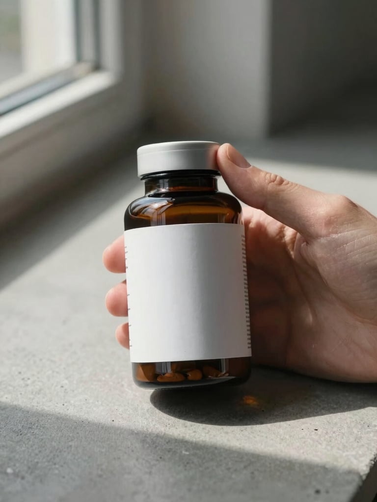 Close-up of a hand holding a dark glass supplement bottle, label in sharp focus, natural north-facing window light casting clean shadows on a matte concrete surface, no text visible on label