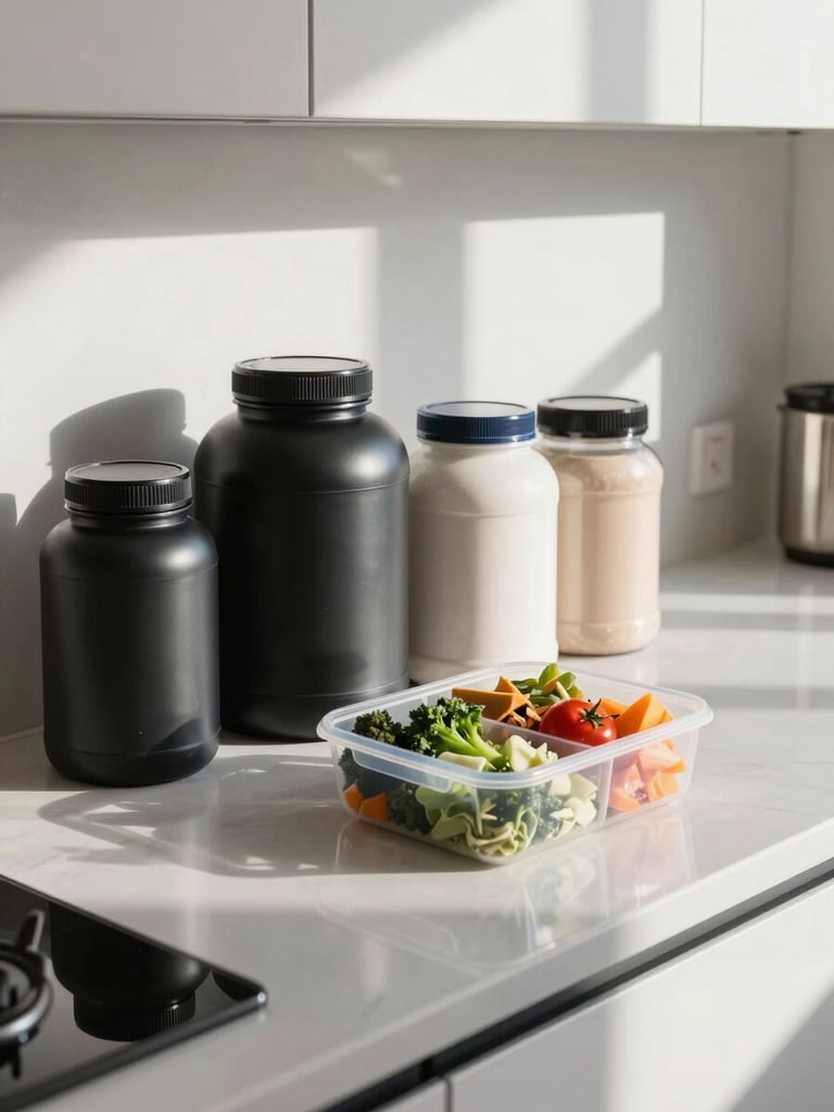 Wide editorial shot of a clean kitchen counter from the left, supplement bottles and protein powder arranged with precision beside a meal prep container of portioned whole foods, natural north-facing daylight raking across the surface, charcoal and white tones, no people