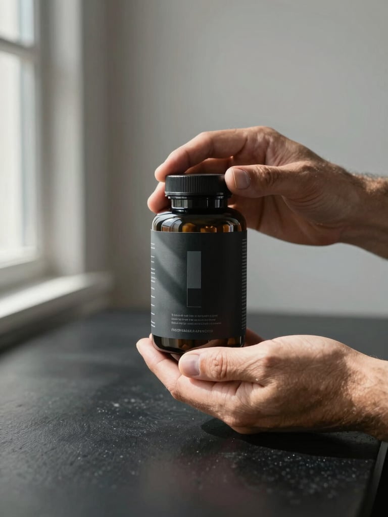 Close-up of a male creator's hands holding a dark supplement bottle at chest height, natural window light from the left casting a sharp shadow across the label, matte black surface below, clean editorial framing with generous space above the product