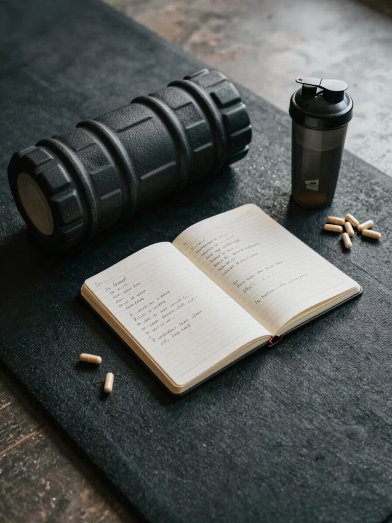 Overhead flat-lay of a training environment — a foam roller, open notebook with handwritten training notes, a dark shaker bottle beside vitamin capsules arranged on a gym mat, cool natural light from above