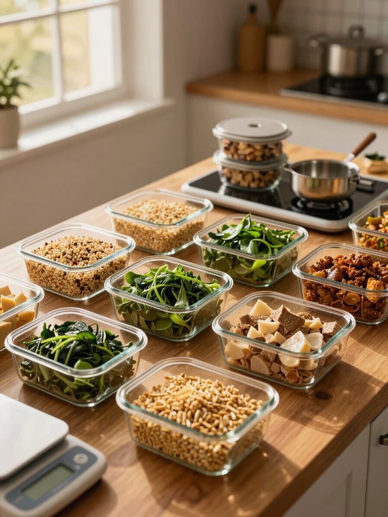 Wide shot of meal prep in progress on a wooden kitchen counter — glass containers arranged with portioned grains, greens, and protein, a digital kitchen scale visible at the edge, warm golden-hour light through a side window