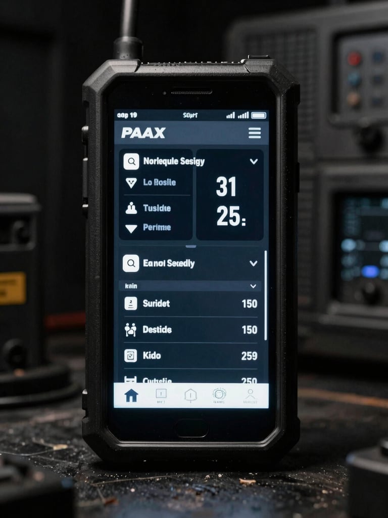 Rugged mobile device displaying the PAAX app interface, showing logistics telemetry data in a dark industrial environment with screen glow.