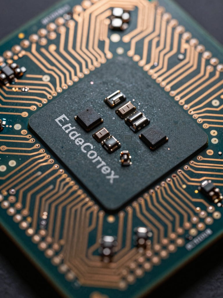 Extreme close-up macro overhead of EdgeCortex Sakura 2 processor die surface, fine copper interconnects and silicon logic gates in sharp detail, cool studio strobe lighting from directly above emphasizing surface texture and circuit topology, no text or branding visible