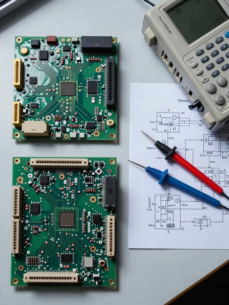 Extreme overhead flat-lay of a clean engineering workbench under cool studio strobe light: circuit board traces visible in sharp macro detail, oscilloscope probes resting on test pads, printed schematic sheets pinned flat beside a logic analyzer, no hands, no people — pure silicon and instrumentation geometry