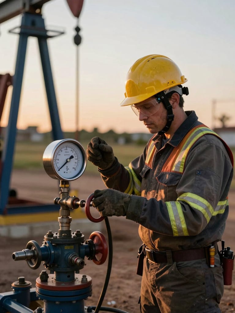 Retrato de medio cuerpo de un ingeniero de campo con casco y equipo de protección personal, inspeccionando un manómetro de presión en una consola de control de pozo, luz natural de atardecer.