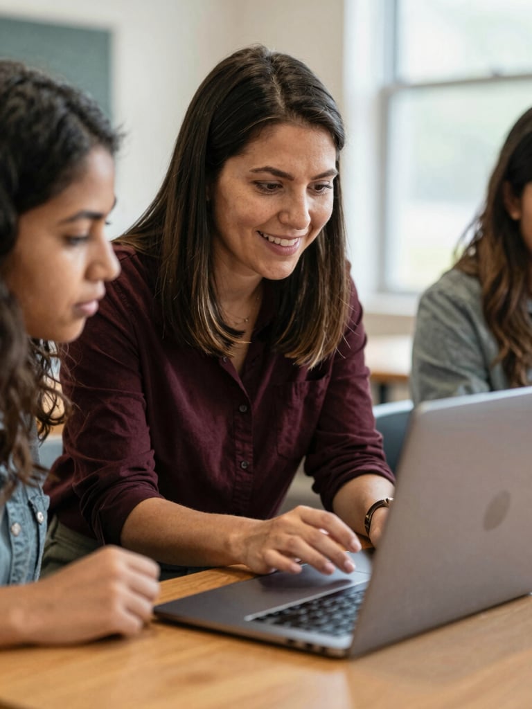 A warm, authentic portrait of a local Midwestern female instructor guiding an adult student on a laptop screen, soft natural light, friendly community setting.