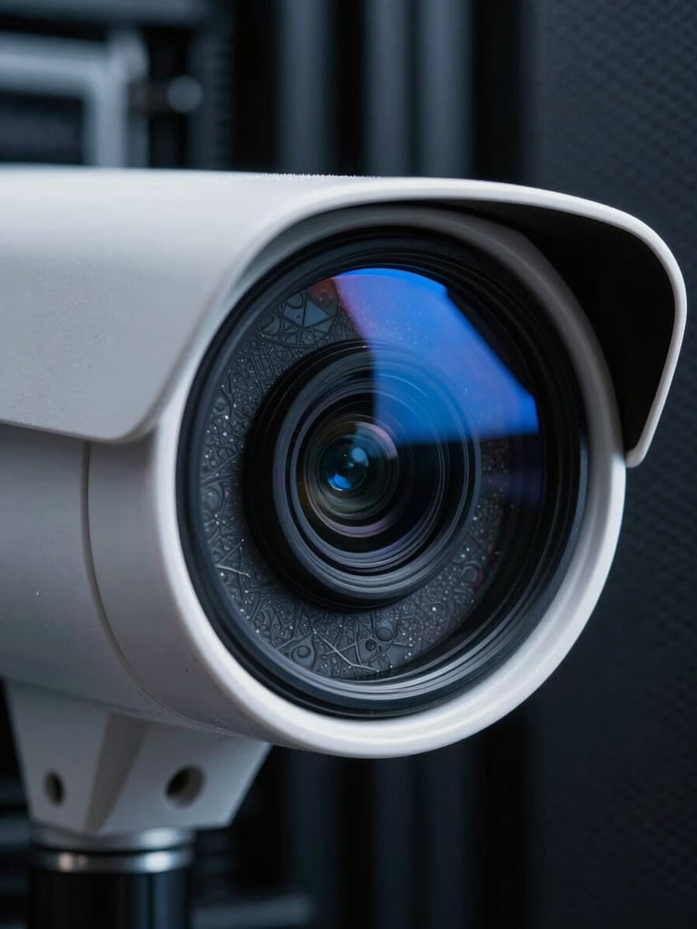 Macro close-up of a high-end security camera lens reflecting cold blue light in a dark server room, sharp focus, high contrast tactical lighting