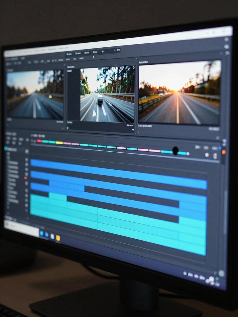 Close-up panoramic of a design software timeline on a high-resolution monitor, motion-blur scrubber mid-drag across video editing tracks, cyan and blue UI highlights reflected faintly on the glass surface, dark studio environment surrounding the screen — no people, pure documentation of work in progress