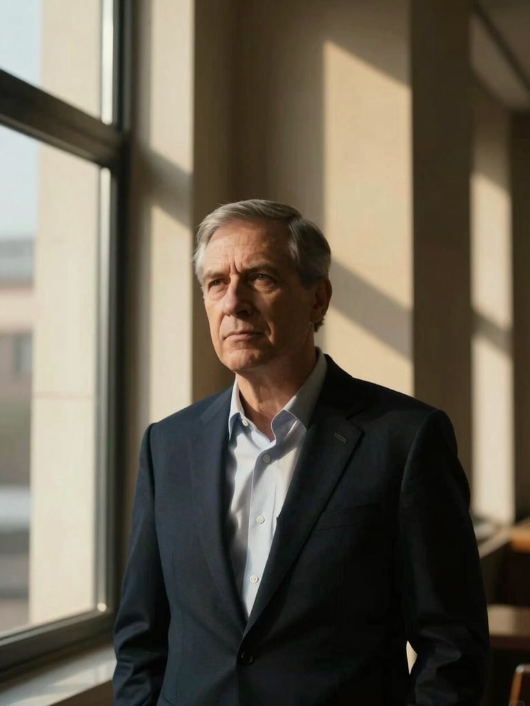 A focused, off-center portrait of a leader in deep thought, sharp natural window light casting architectural shadows, 35mm cinematic style. Muted gold tones accent the scene.