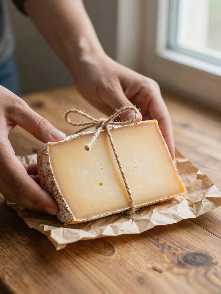 Hands wrapping a wedge of pale yellow cheese in thick brown parchment paper and tying it with natural jute twine on a wooden table, rustic aesthetic, warm light
