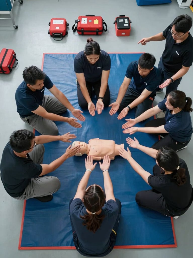 Overhead wide shot of a group training drill, clinical fluorescent lighting, six trainees in a circle around a practice mannequin on a blue mat, hands extended mid-drill, instructor standing at the edge pointing to a trainee's technique, emergency equipment laid out systematically on the floor beside the mat, no faces visible clearly, emphasis on hands and body position