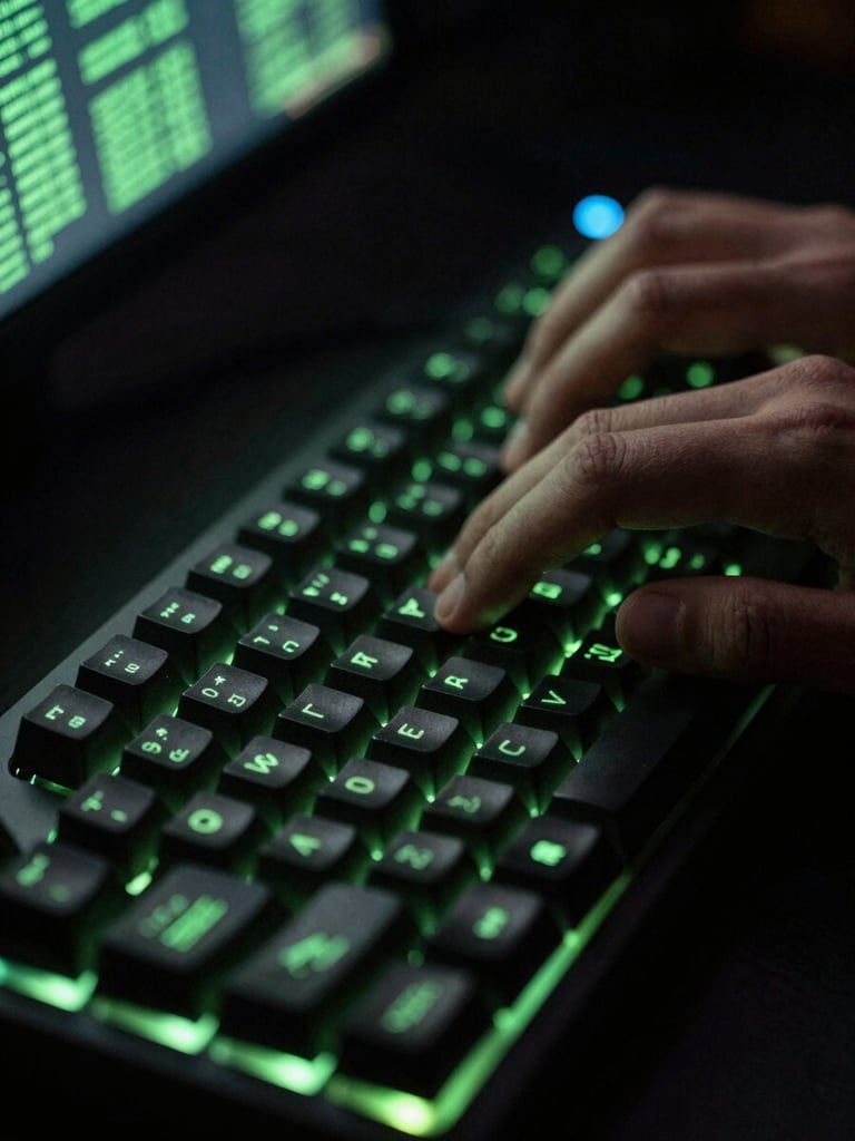 Macro shot of hands typing on a mechanical keyboard in low-light, glowing neon green data streams on a screen reflecting in the background, sharp focus, 35mm.