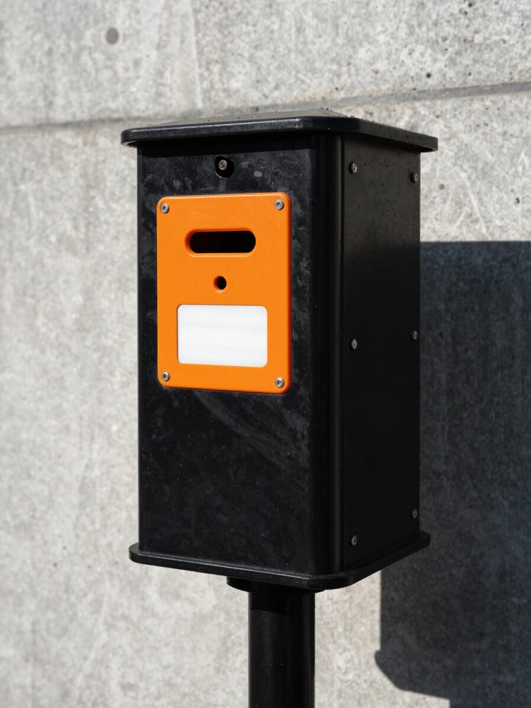 Extreme close-up of a high-contrast black and safety-orange wild posting on a concrete city wall, hard shadows, daylight.