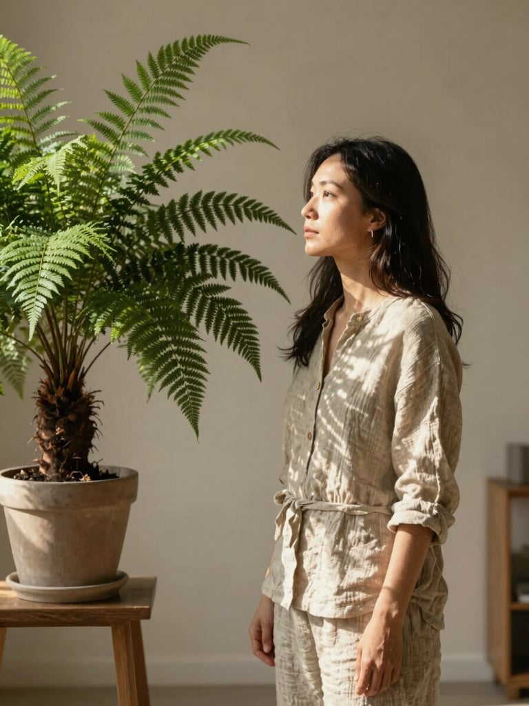 A professional woman in organic linen clothing looking thoughtfully at a large potted fern in a sunlit minimalist studio, warm editorial photography, 35mm