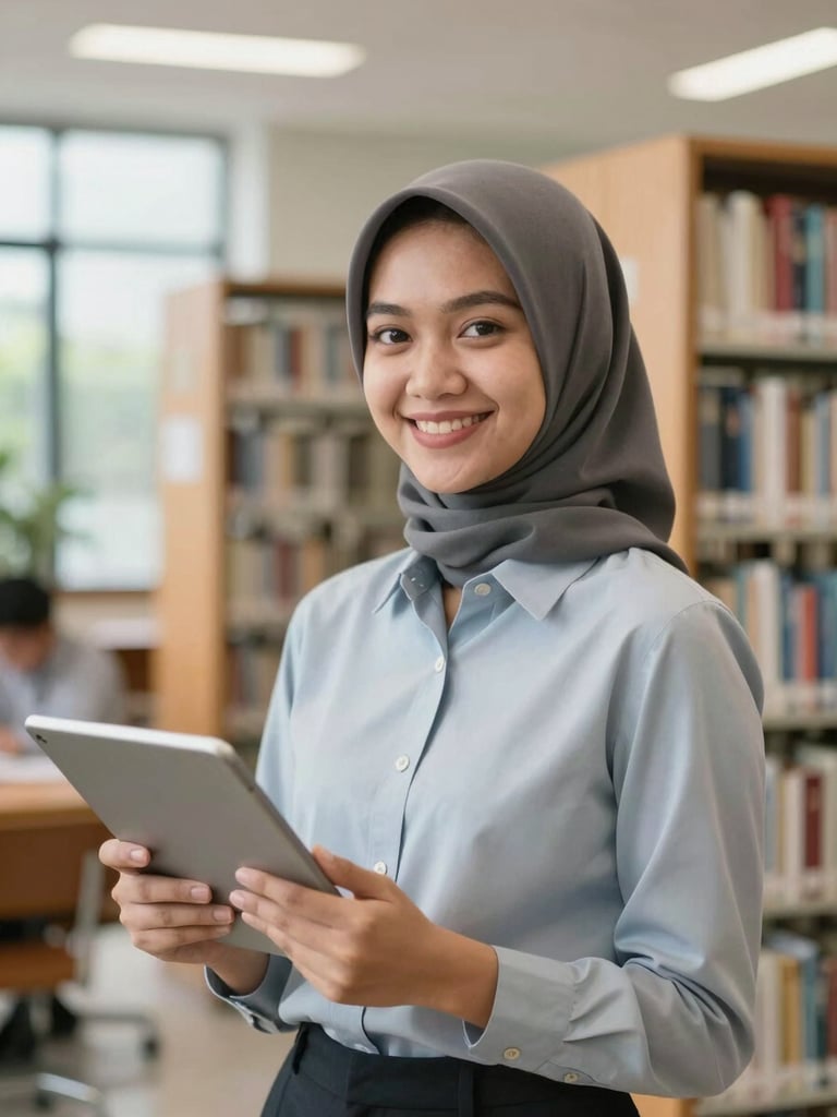 Indonesian female student smiling confidently in a modern library holding a tablet, bright natural daylight, shallow depth of field, professional academic environment.