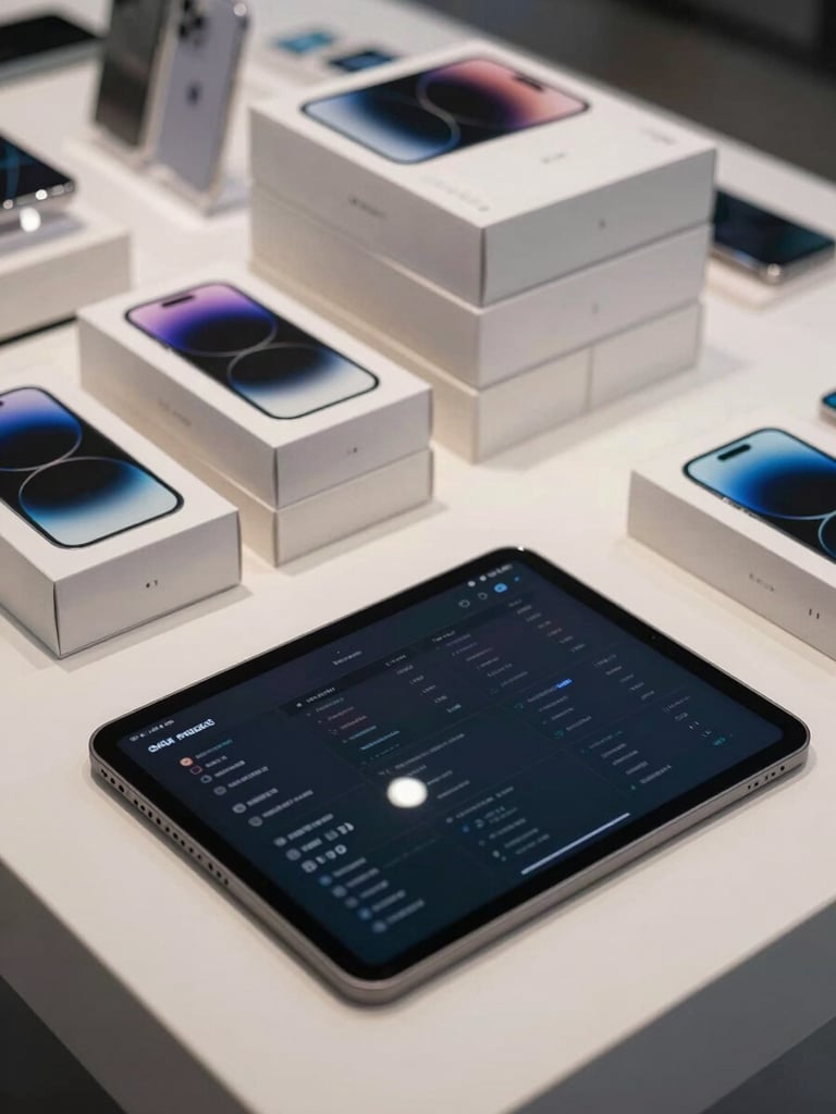 Close-up overhead shot of an organized mobile retail shop counter — boxed handsets stacked on shelves in the background, a tablet displaying a dark-mode dashboard UI in the foreground, cool indoor ambient light, sharp and clean