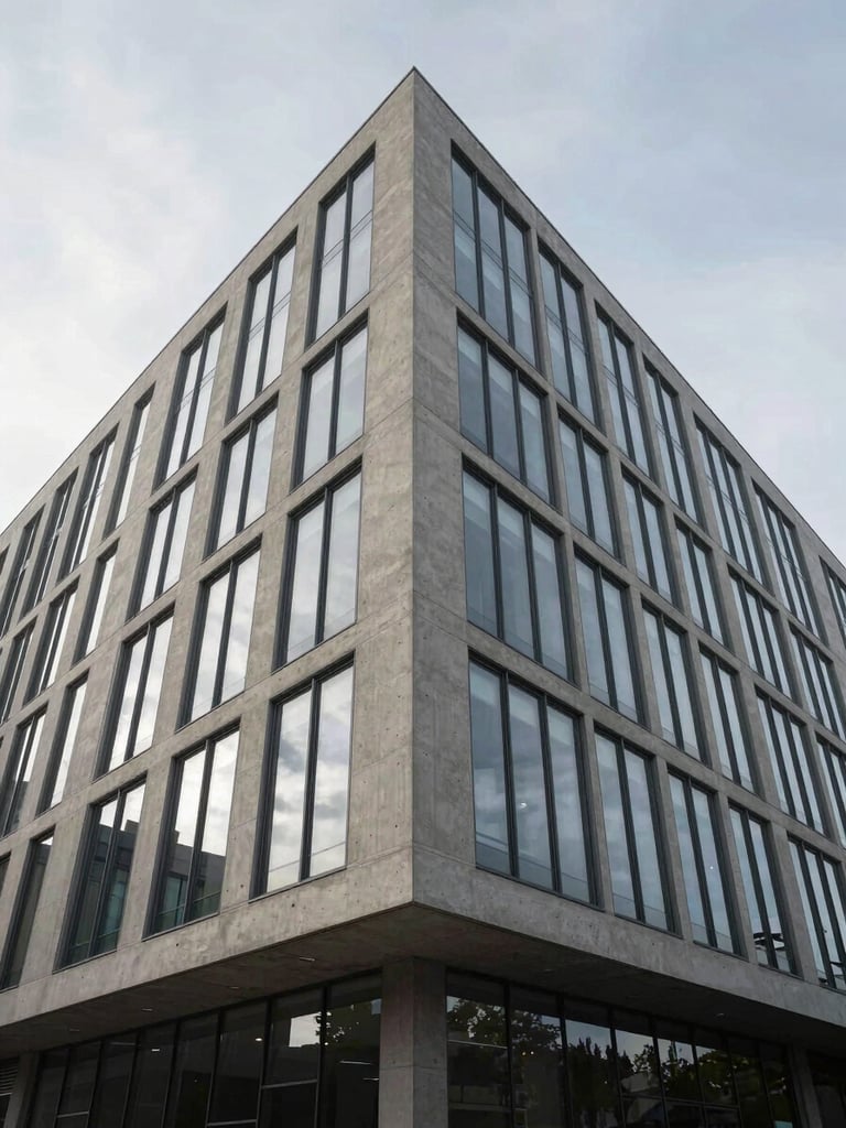 Wide architectural exterior shot of a modernist building façade, raw concrete and glass panels meeting at a precise right-angle junction, soft overcast north-facing daylight, unoccupied, framed from low angle to emphasize vertical geometry and material weight, generous sky above