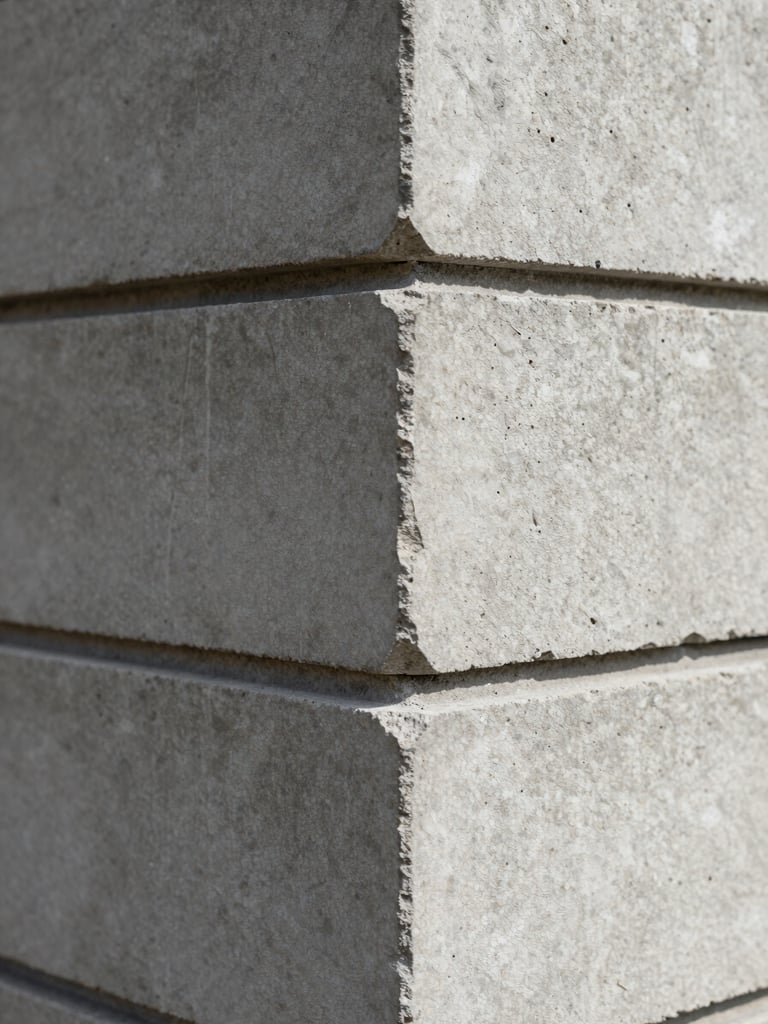 Extreme close-up of a wall junction where raw concrete meets a precision-cut stone cladding panel — sharp right-angle intersection, hairline mortar joint, matte surface textures under diffuse north-facing daylight, no people, no furnishings, emphasis on material tolerance and craft detail
