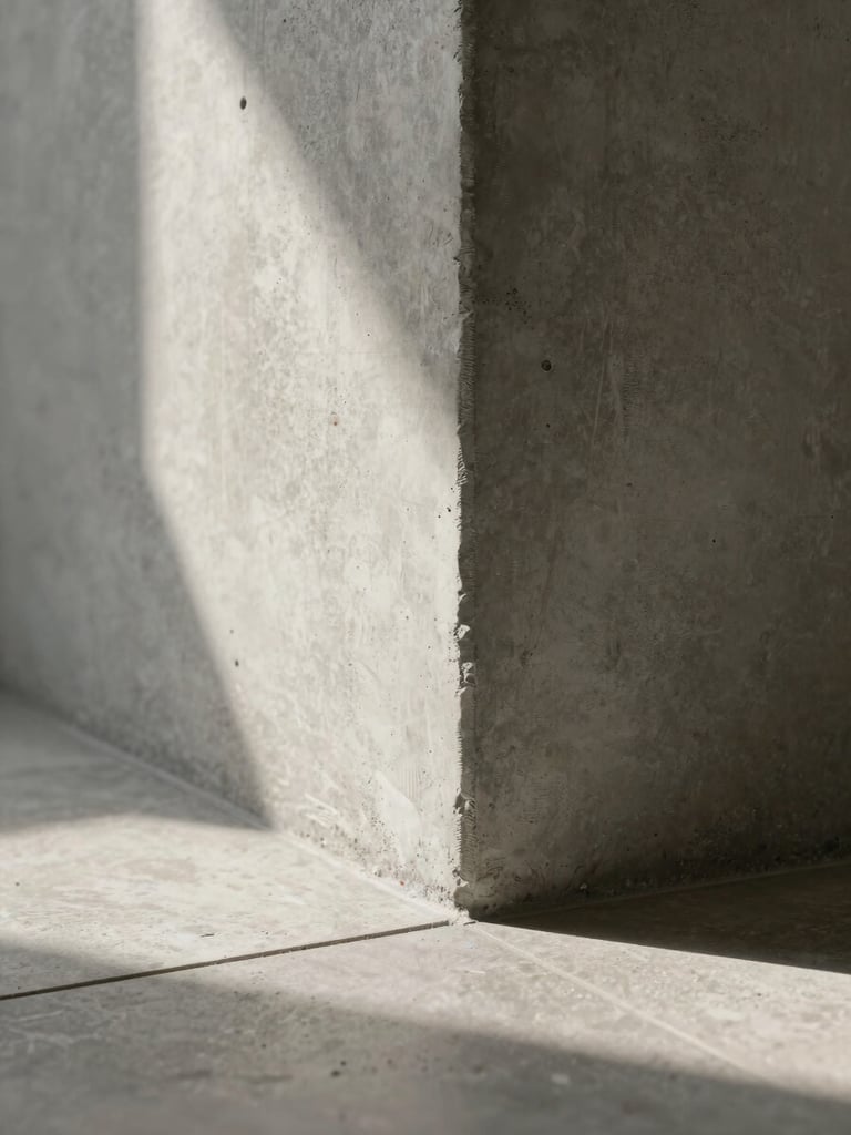 Extreme close-up of a wall-to-floor junction in a completed architectural interior, raw concrete meets polished stone tile at a hairline joint, soft diffused north-facing daylight raking across the surface to reveal texture and precision, no people, no furnishings