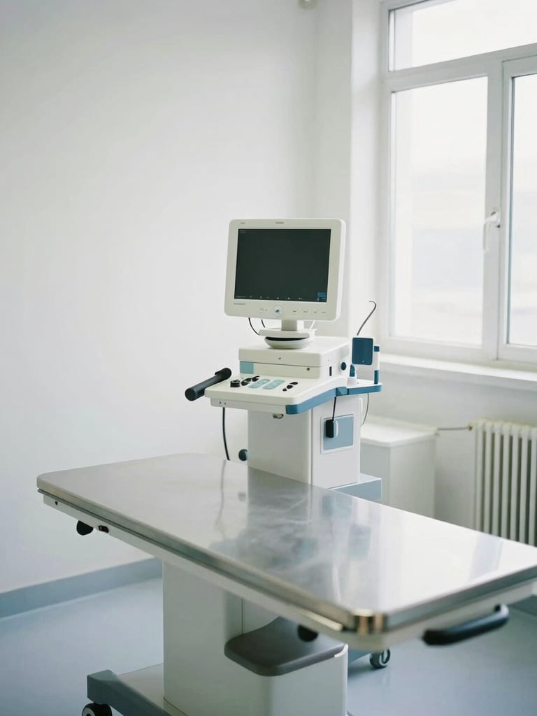 A clean, bright clinical veterinary exam room in Shahganj, featuring sterile steel tables, modern diagnostic monitors, and soft daylight, professional 35mm photography